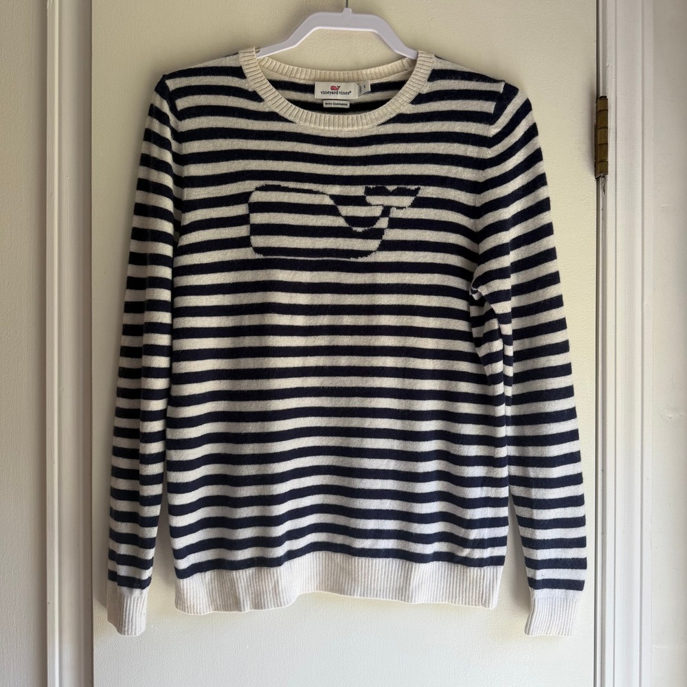 Vineyard Vines Womens Navy Striped Cashmere Lambswool Blend Whale Sweater Small